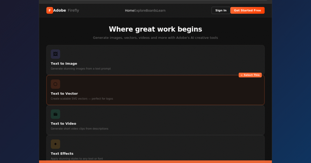 The Firefly homepage. Select Text to Vector for logo design work.
