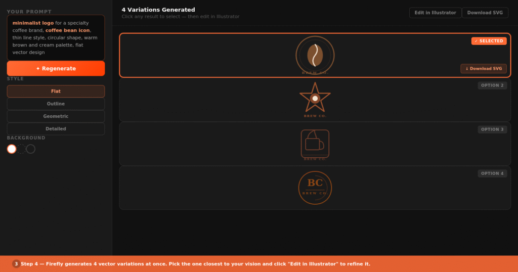 Firefly generates four vector variations at once. Pick the one closest to your vision and refine it.