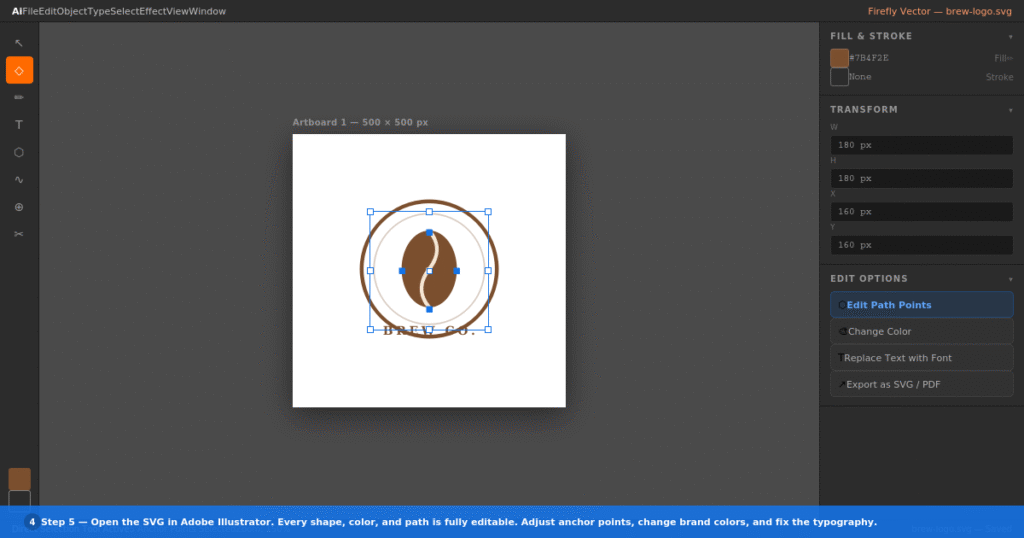 In Illustrator, every shape is fully editable. Adjust colors, paths, and text to match your exact vision.