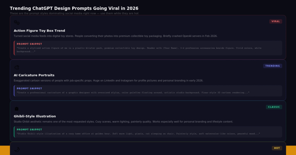 Trending ChatGPT design prompt styles in 2026 — from the action figure trend to cinematic portraits.