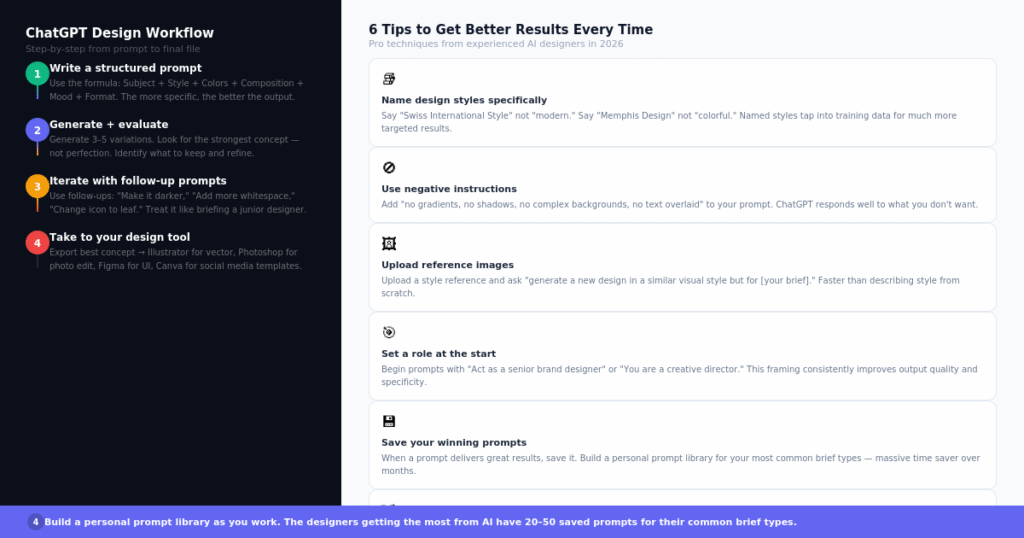  The ChatGPT design workflow — from prompt writing to concept refinement to final production in your design tool.