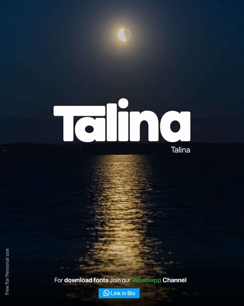 Talina font displayed in large white text against a dark moonlit ocean background