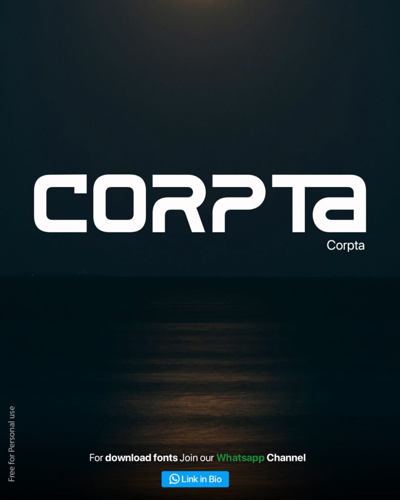 Corpta font displayed in large white futuristic letters against a dark teal background