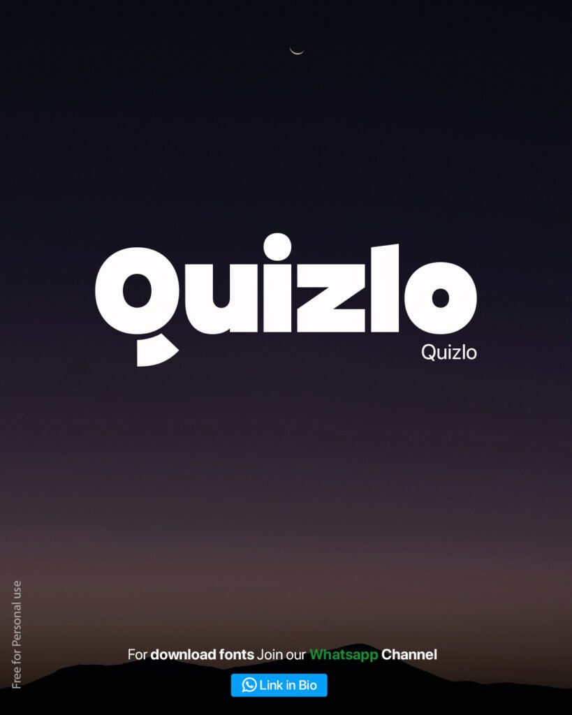 Quizlo font in bold white chunky letters against a dark purple night sky gradient